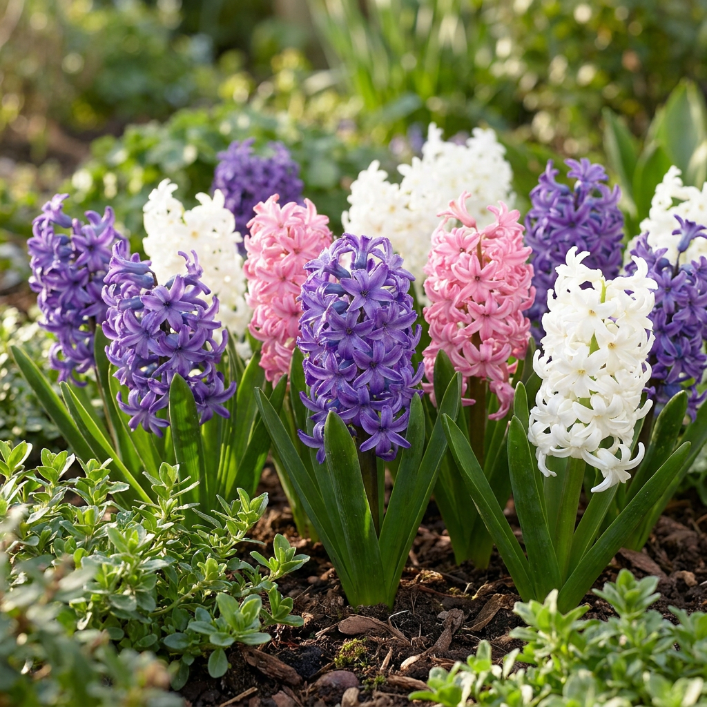 Jacinthes pastel en mélange de couleurs (blanc, rose, violet) en pleine floraison dans un jardin printanier.