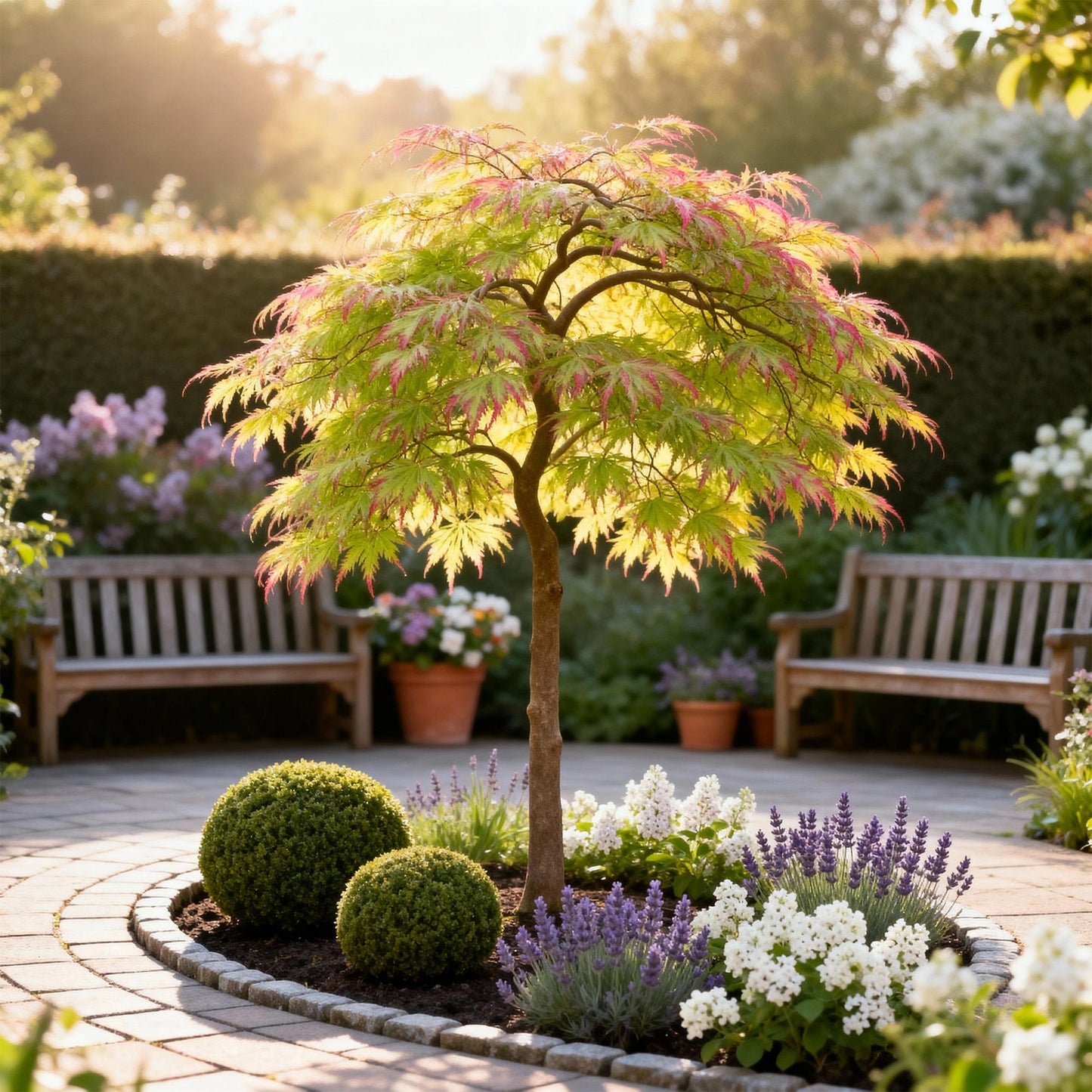 Acer palmatum Little Princess, un érable japonais vert et rose, planté au centre d'un jardin avec des fleurs de lavande et des buis, sous un