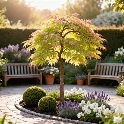 Acer palmatum Little Princess, un érable japonais vert et rose, planté au centre d'un jardin avec des fleurs de lavande et des buis, sous un