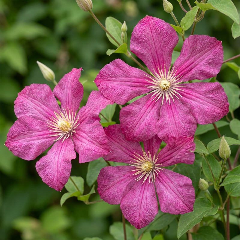 Clématite 'Ville de Lyon' (Clematis) - grimpante à grandes fleurs rose carminé