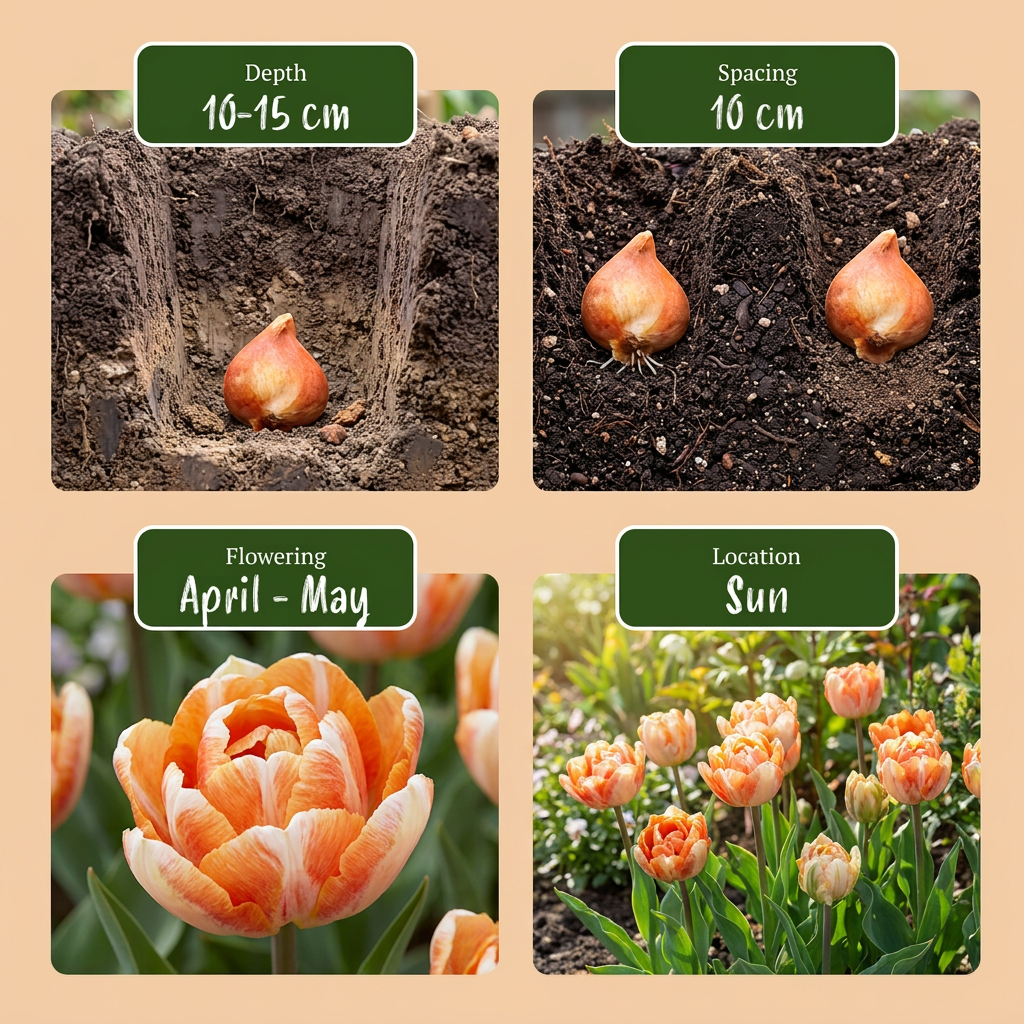 Guide de plantation des bulbes de Tulipe 'Candle Light' (profondeur, espacement, floraison et exposition).