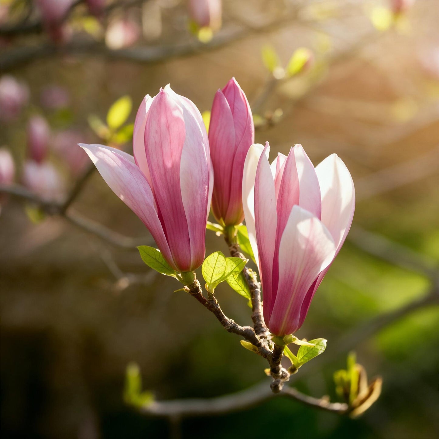 Magnolia Ricki : gros plan sur plusieurs magnifiques fleurs roses et blanches en forme de tulipes, en pleine floraison sur une branche.