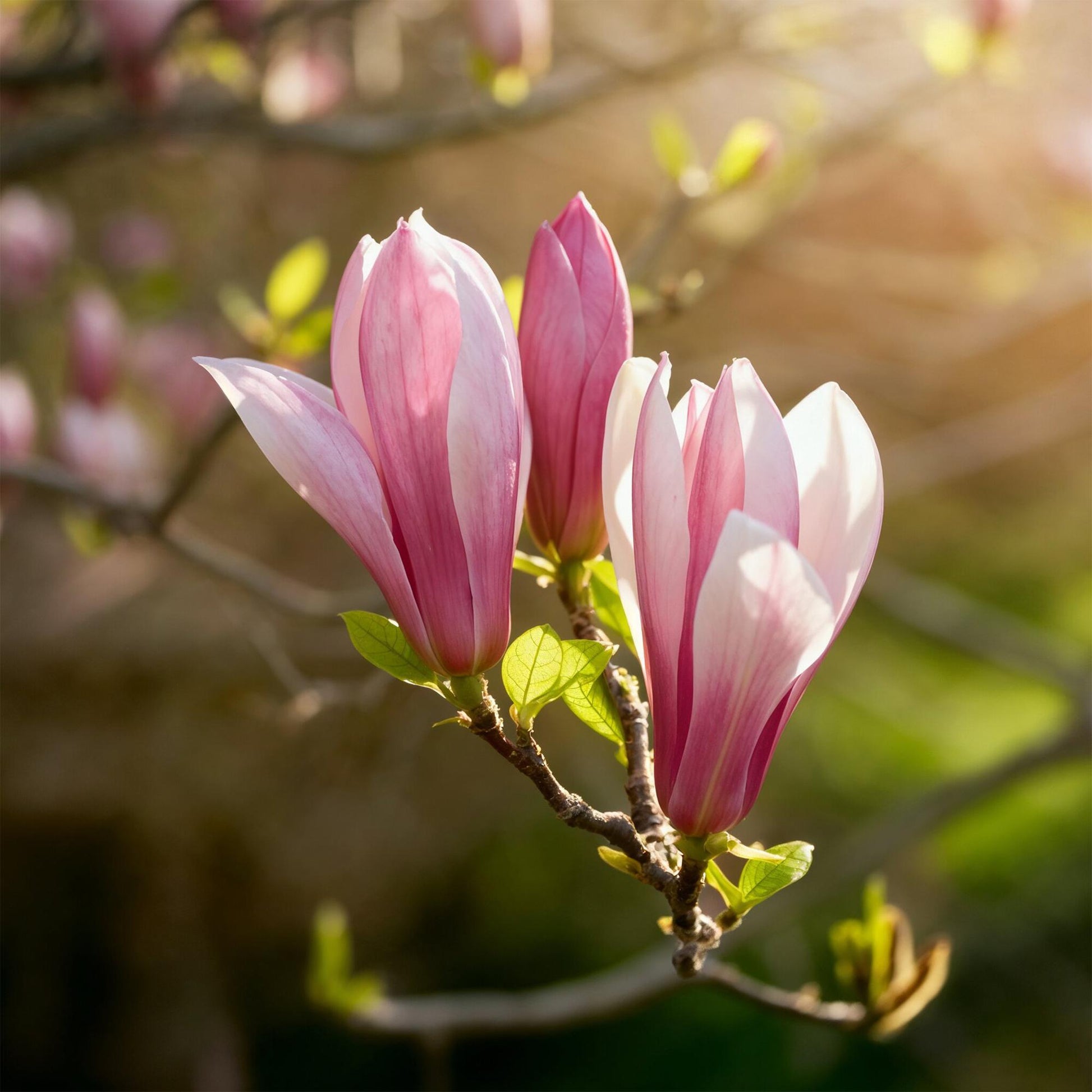 Magnolia Ricki : gros plan sur plusieurs magnifiques fleurs roses et blanches en forme de tulipes, en pleine floraison sur une branche.