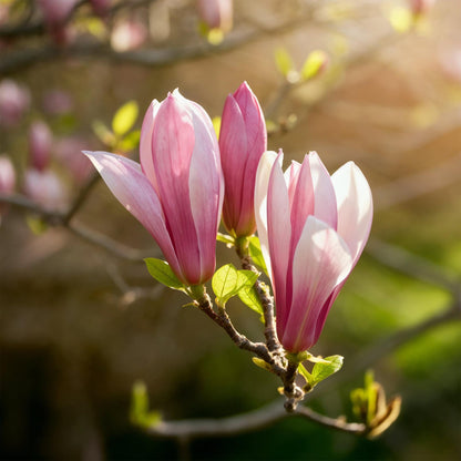 Magnolia Ricki : gros plan sur plusieurs magnifiques fleurs roses et blanches en forme de tulipes, en pleine floraison sur une branche.