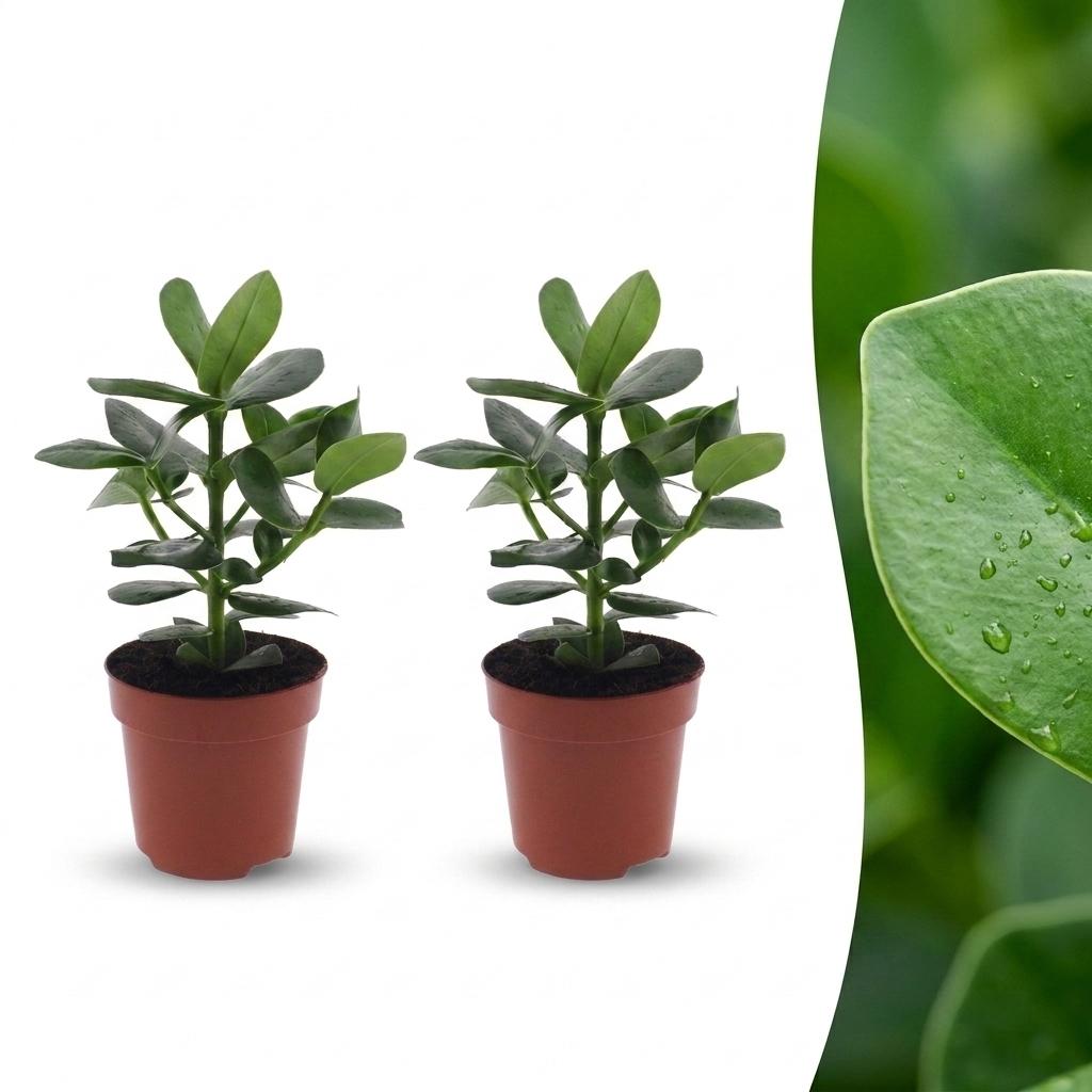 Deux Clusia Princess, petites plantes vertes aux feuilles épaisses et rondes, dans leurs pots de culture bruns de 12cm