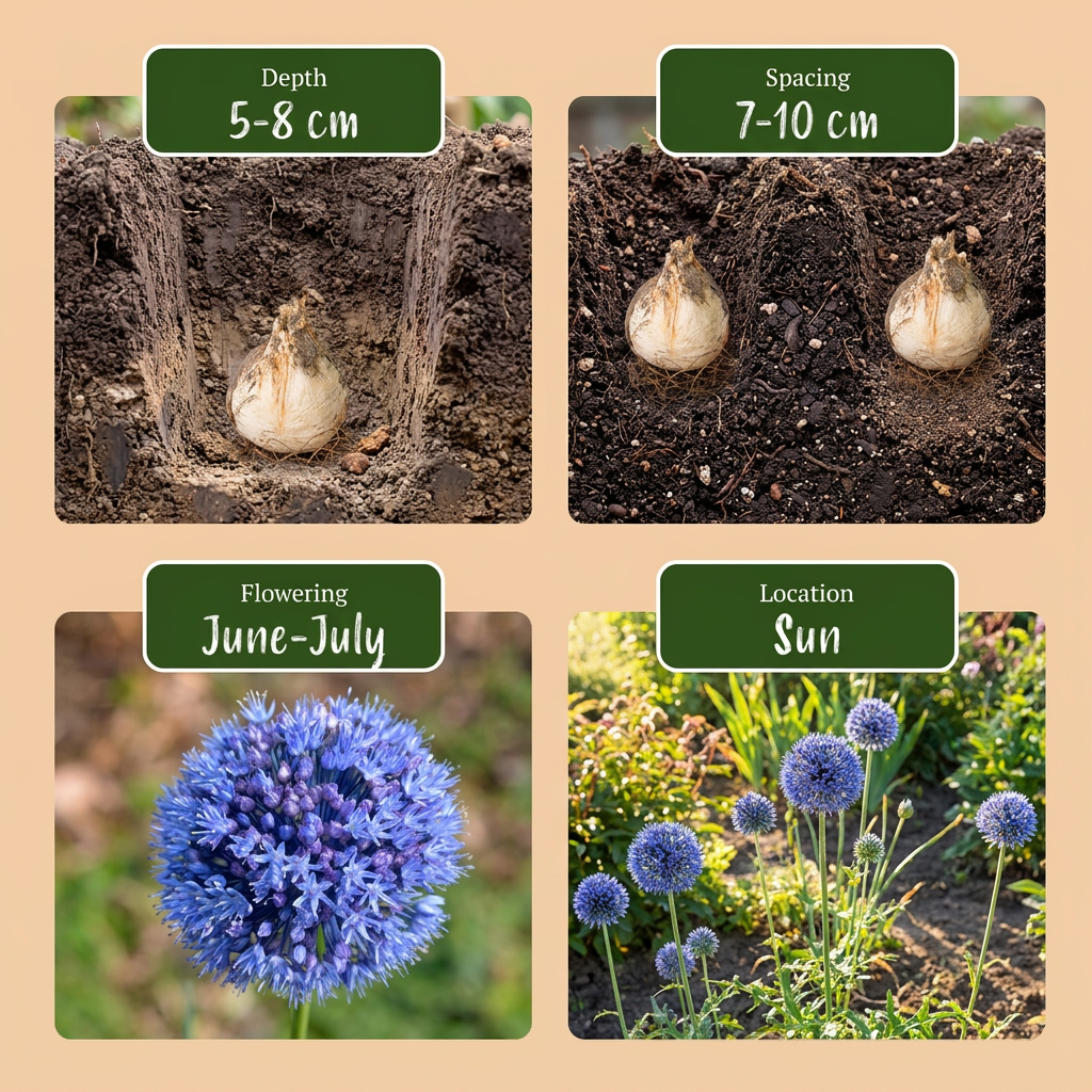 Guide de plantation des bulbes d'Ail d'ornement Caeruleum (Allium) avec profondeur, espacement, floraison et exposition.