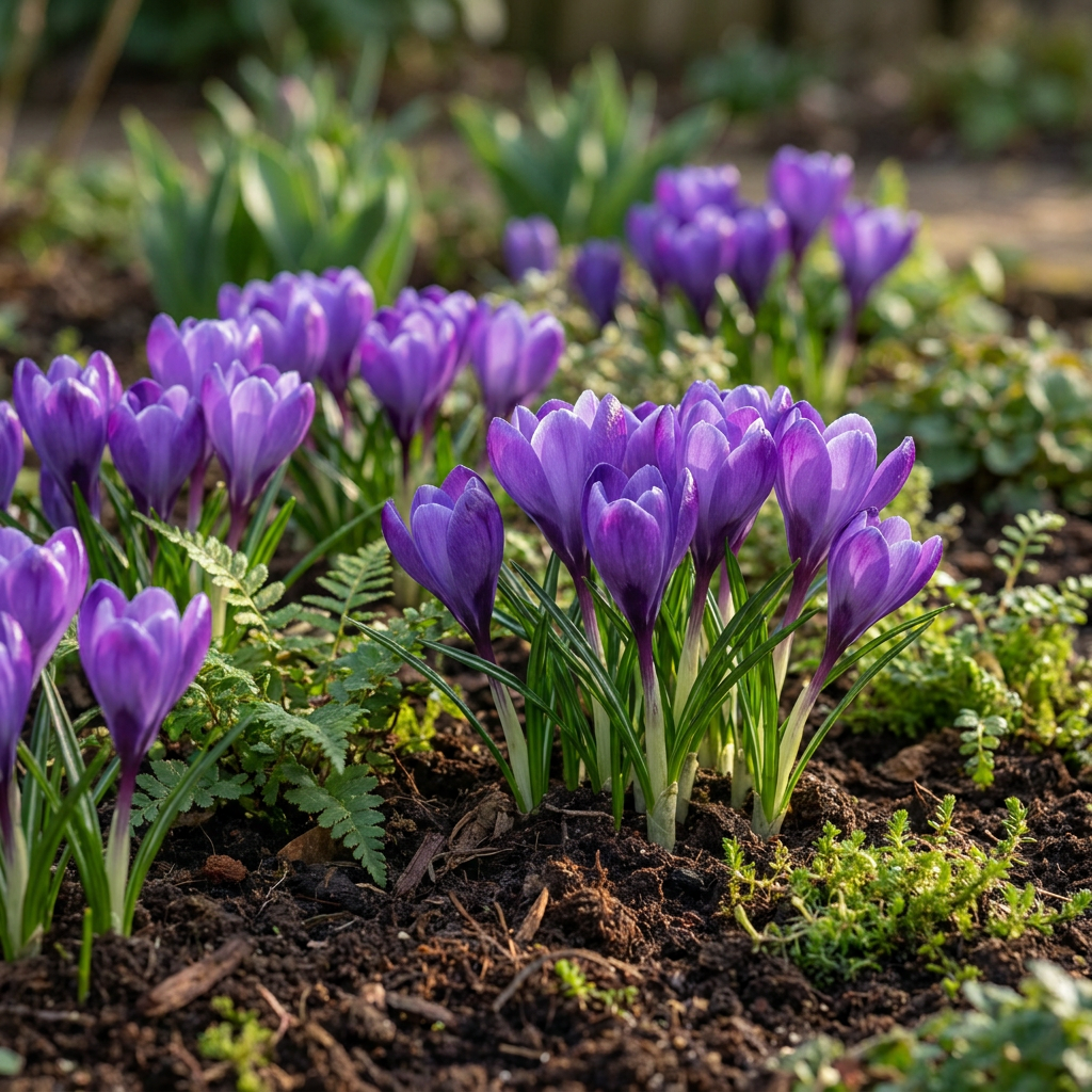 Magnifiques crocus en mélange bleu fleurissant au printemps dans un jardin.