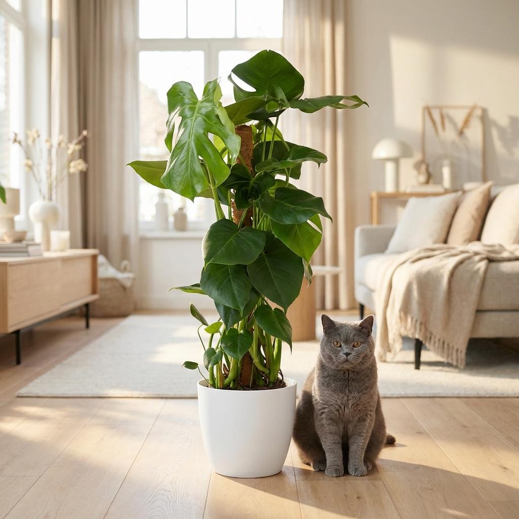 Plante d'intérieur - Monstera Deliciosa sur tuteur - Vert - Entretien facile - 1 Plante - avec Pot Blanc - Pot 19cm - Hauteur 90cm