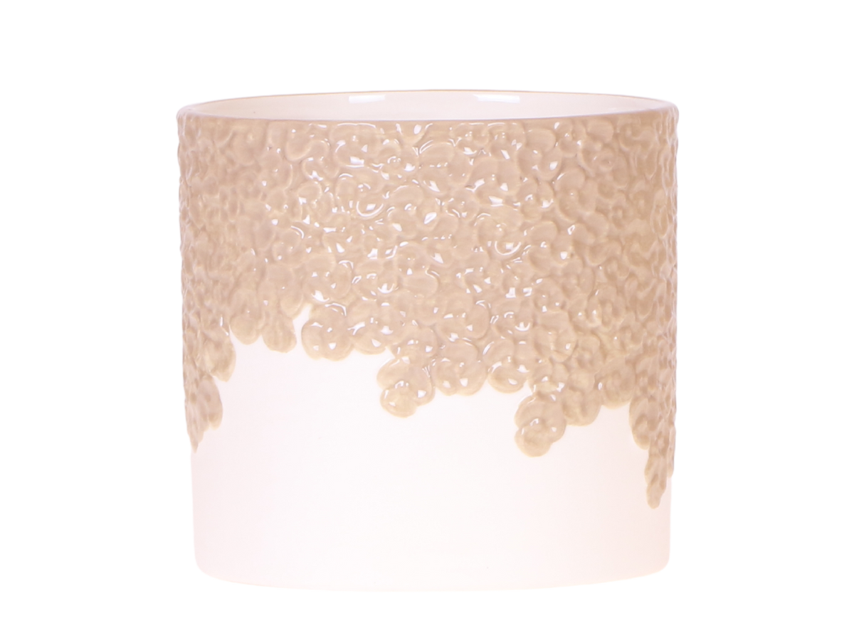 Cache-pot céramique en relief floral - courbes douces et coloris tendres - sable