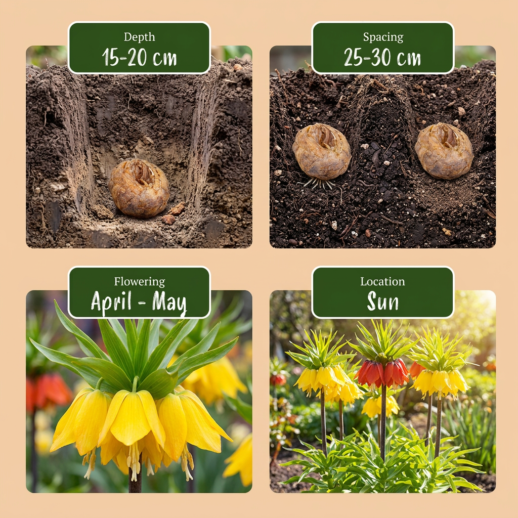 Guide de plantation des bulbes de Fritillaire impériale en mélange, avec profondeur, espacement, floraison et exposition.