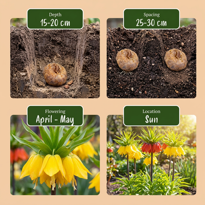 Guide de plantation des bulbes de Fritillaire impériale en mélange, avec profondeur, espacement, floraison et exposition.