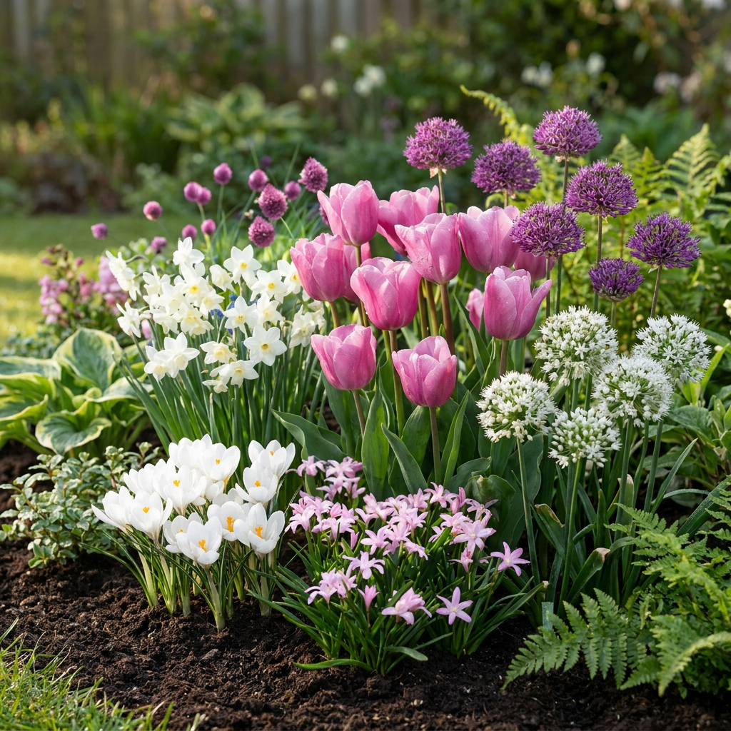 Massif de fleurs avec des tulipes roses, des alliums pourpres et blancs, des narcisses et des crocus blancs.