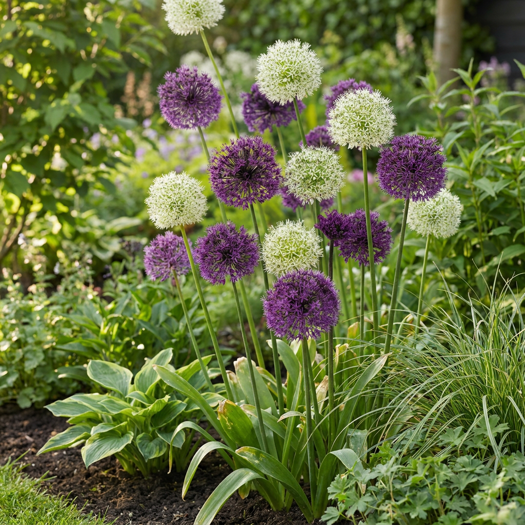 Massif d'Allium en fleurs, mélangeant des boules pourpres et blanches, créant une scène lumineuse dans le jardin.