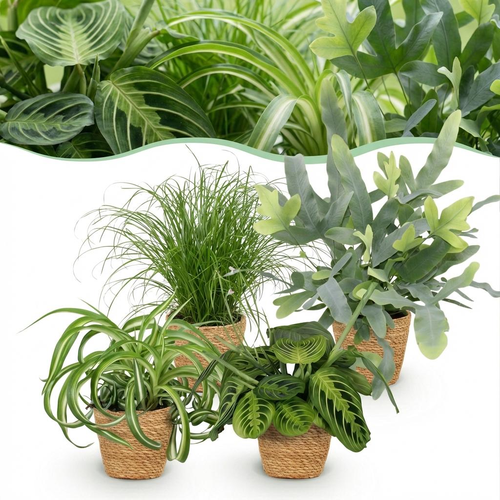 Lot 4 plantes pet-friendly Chlorophytum Cyperus Phlebodium Maranta en pot 12cm, plantes d'intérieur sans danger animaux
