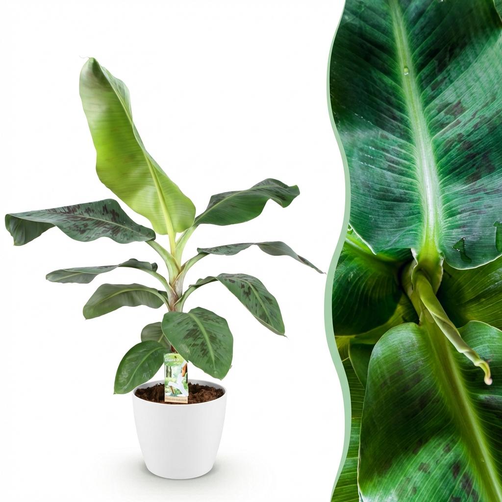 Une élégante Musa acuminata Nain Cavendish aux grandes feuilles vertes tachetées de bordeaux, dans un pot blanc