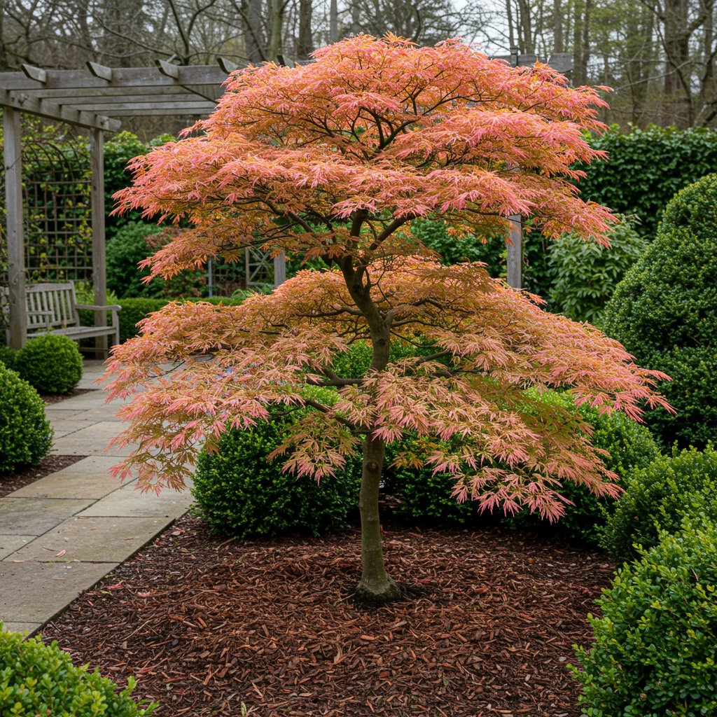 Érable du Japon 'Acer palmatum Iyoshi', plant rose caduc, en situation dans un jardin aménagé avec paillis, allée et banc en bois.