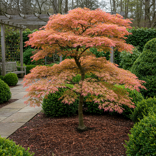 Érable du Japon 'Acer palmatum Iyoshi', plant rose caduc, en situation dans un jardin aménagé avec paillis, allée et banc en bois.