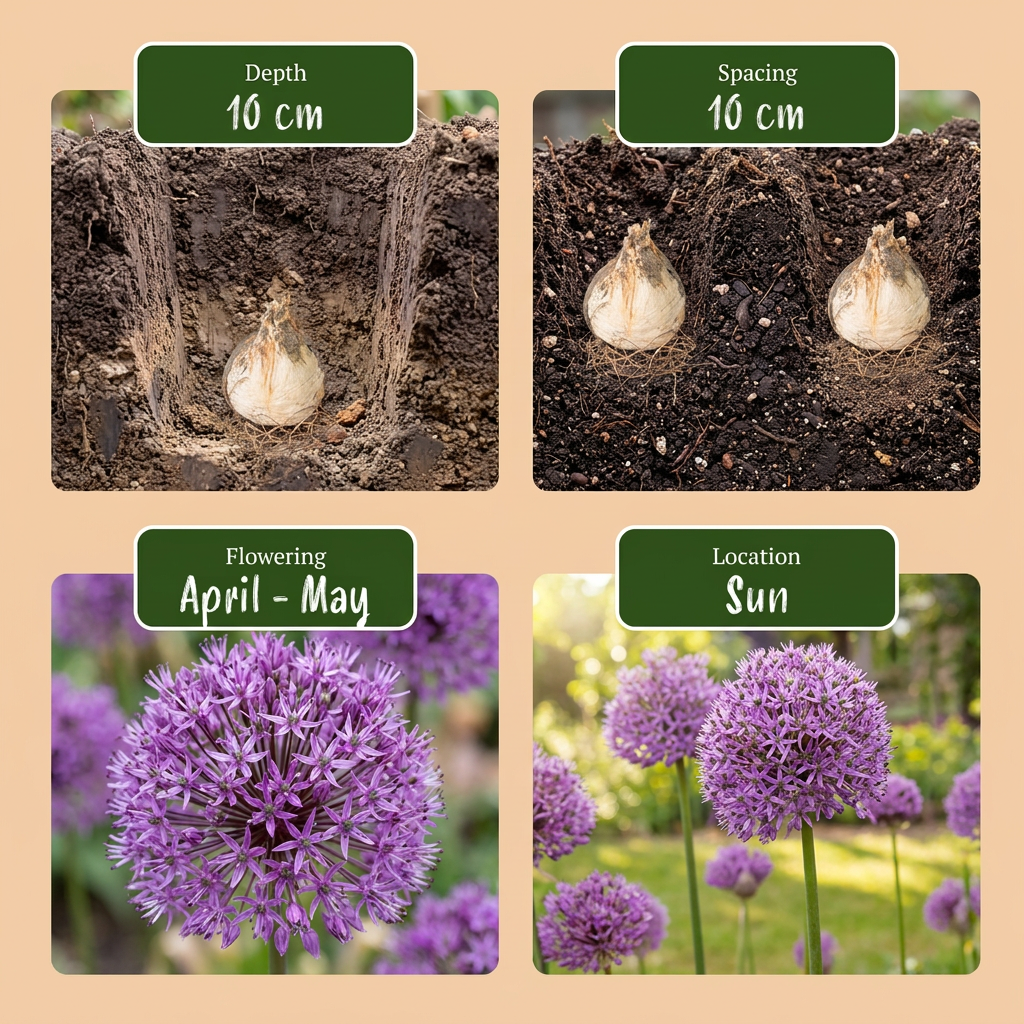 Guide de plantation des bulbes de mélange d'ails d'ornement (Allium), incluant profondeur, espacement, floraison et