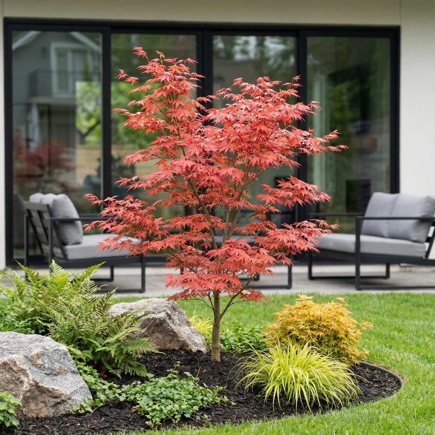 Acer palmatum Atropurpureum, jeune érable japonais aux feuilles rouge vif, planté dans un aménagement paysager avec des roches et d'autres p
