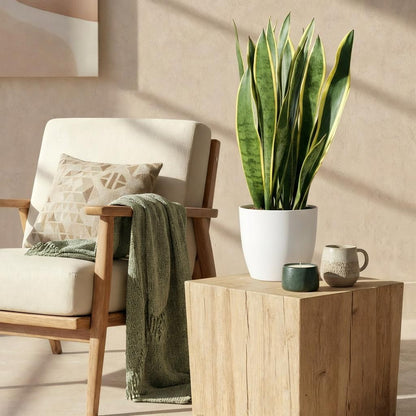 Plantes d'intérieur - Sansevieria Laurentii - Langue de belle-mère - Peu d'entretien - Vert - jaune - 1 Plante - avec Potter Blanc - Pot 21cm - Hauteur 70-80cm