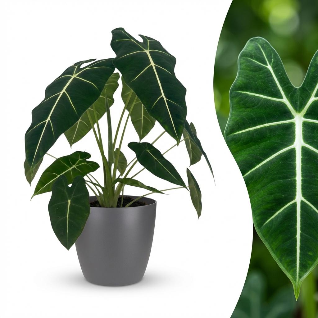 Plante d'intérieur - Oreille d'éléphant - Alocasia Frydek - Vert - Entretien facile - 1 Plante - avec Potter Gris - Pot 19cm - Hauteur 60cm
