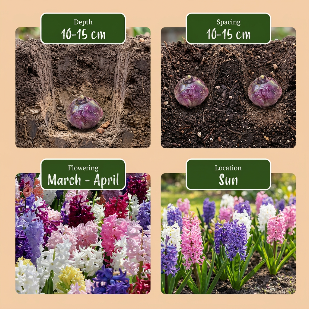 Guide de plantation des bulbes de jacinthe, avec illustrations de profondeur, espacement, floraison et exposition au soleil.