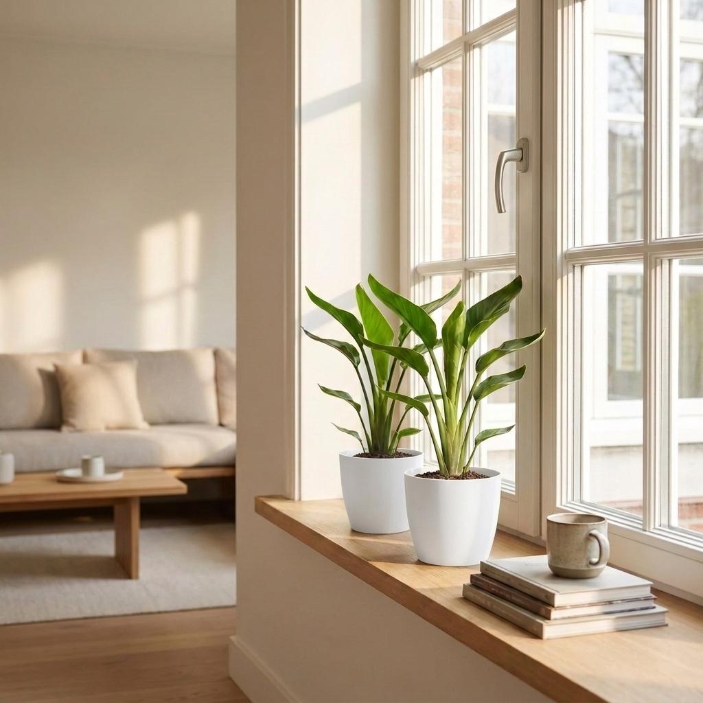 Deux jeunes plants de Strelitzia Reginea - Oiseau de paradis avec de grandes feuilles vertes, dans des pots blancs modernes sur un rebord