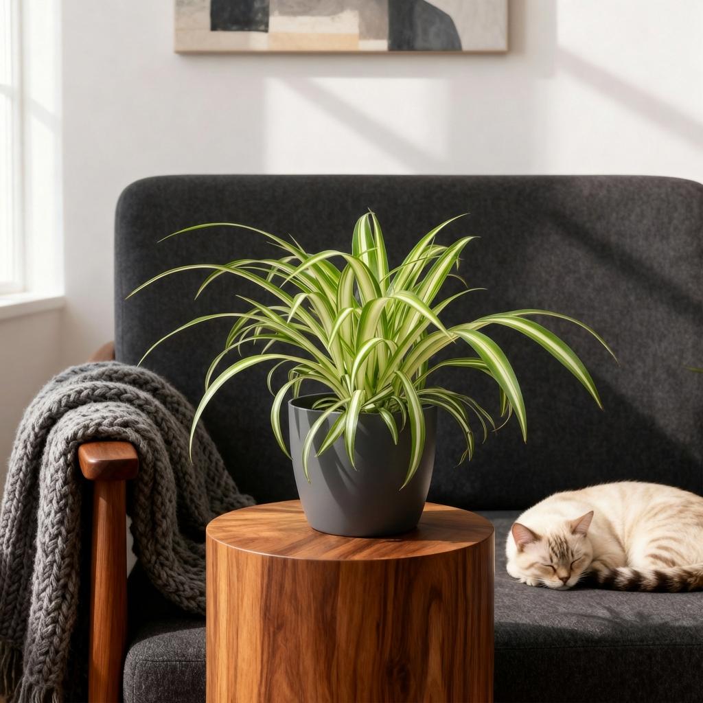 Plante d'intérieur - Chlorophytum comosum Variegatum - Plante Araignée Panachée - Plante Amie des Animaux - Verte - 1 Plante - avec Pot Gris - Pot 12cm - Hauteur 20cm