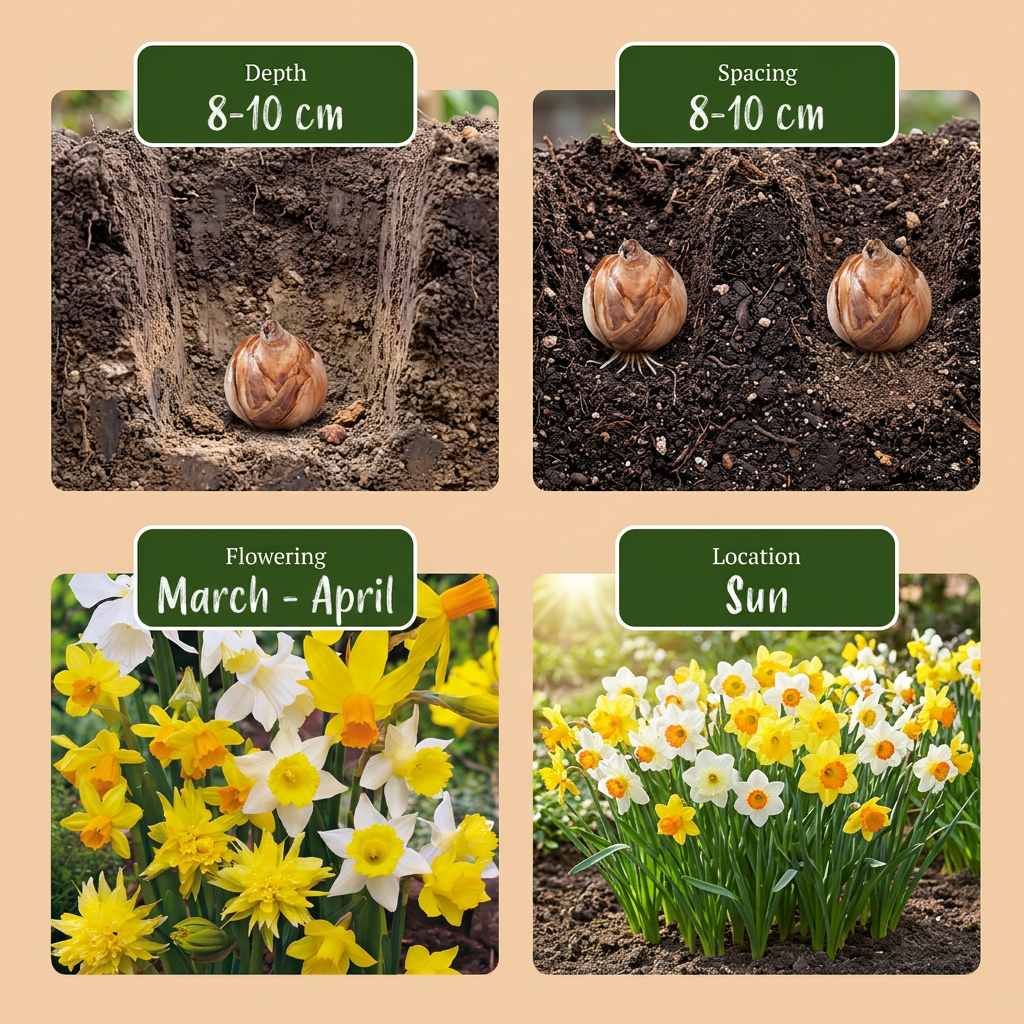 Guide de plantation des bulbes de Narcisse botanique en mélange : profondeur, espacement, floraison et exposition.
