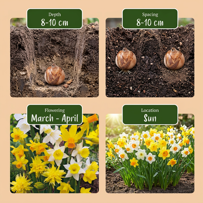 Guide de plantation des bulbes de Narcisse botanique en mélange : profondeur, espacement, floraison et exposition.