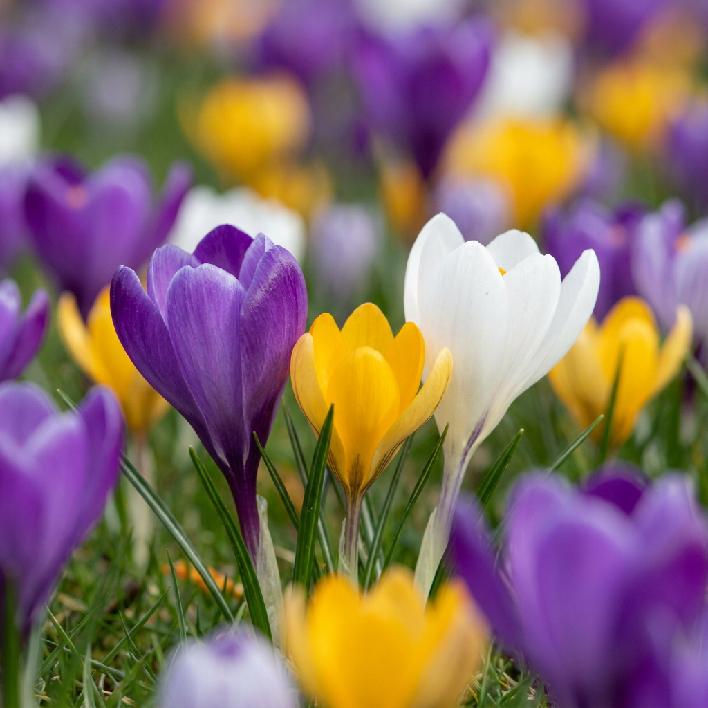 Bulbes de Crocus en mélange tenus dans une main, calibre 7-8 cm, lot de 280 bulbes.