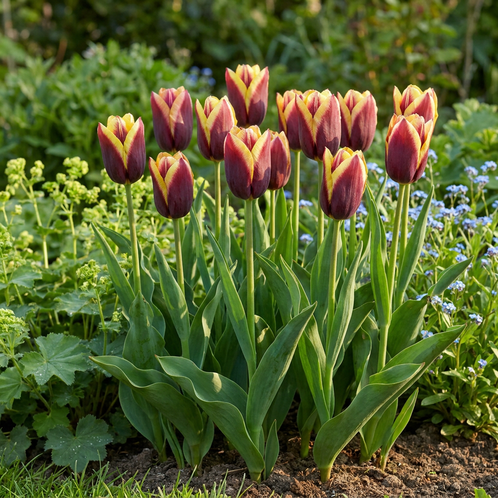 Massif de tulipes 'My Favourite Topping' aux pétales bordeaux bordés de jaune, dans un jardin printanier.