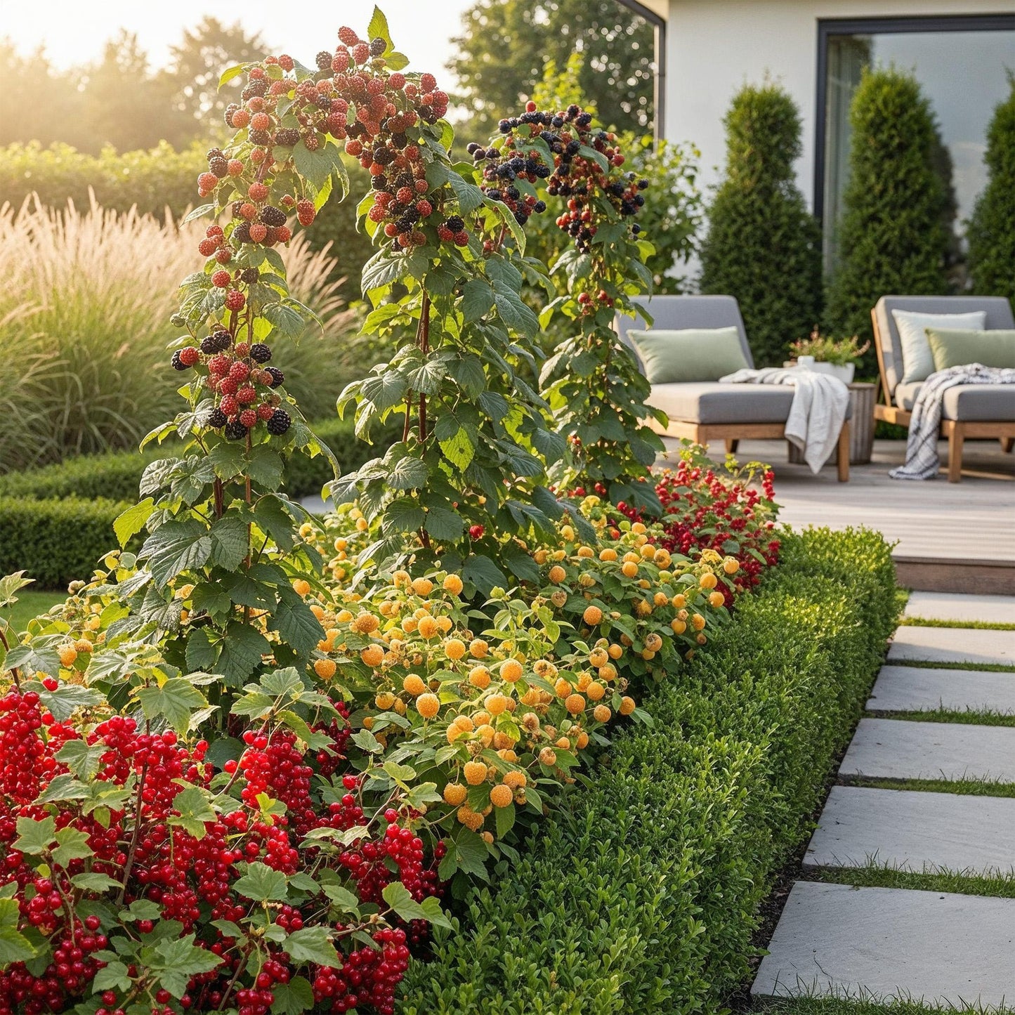 Plantes fruitières de framboise tricolore avec des baies rouges, jaunes et noires en abondance, formant une haie dans un jardin ensoleillé.