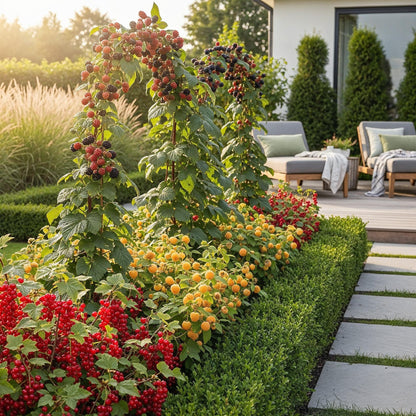 Plantes fruitières de framboise tricolore avec des baies rouges, jaunes et noires en abondance, formant une haie dans un jardin ensoleillé.