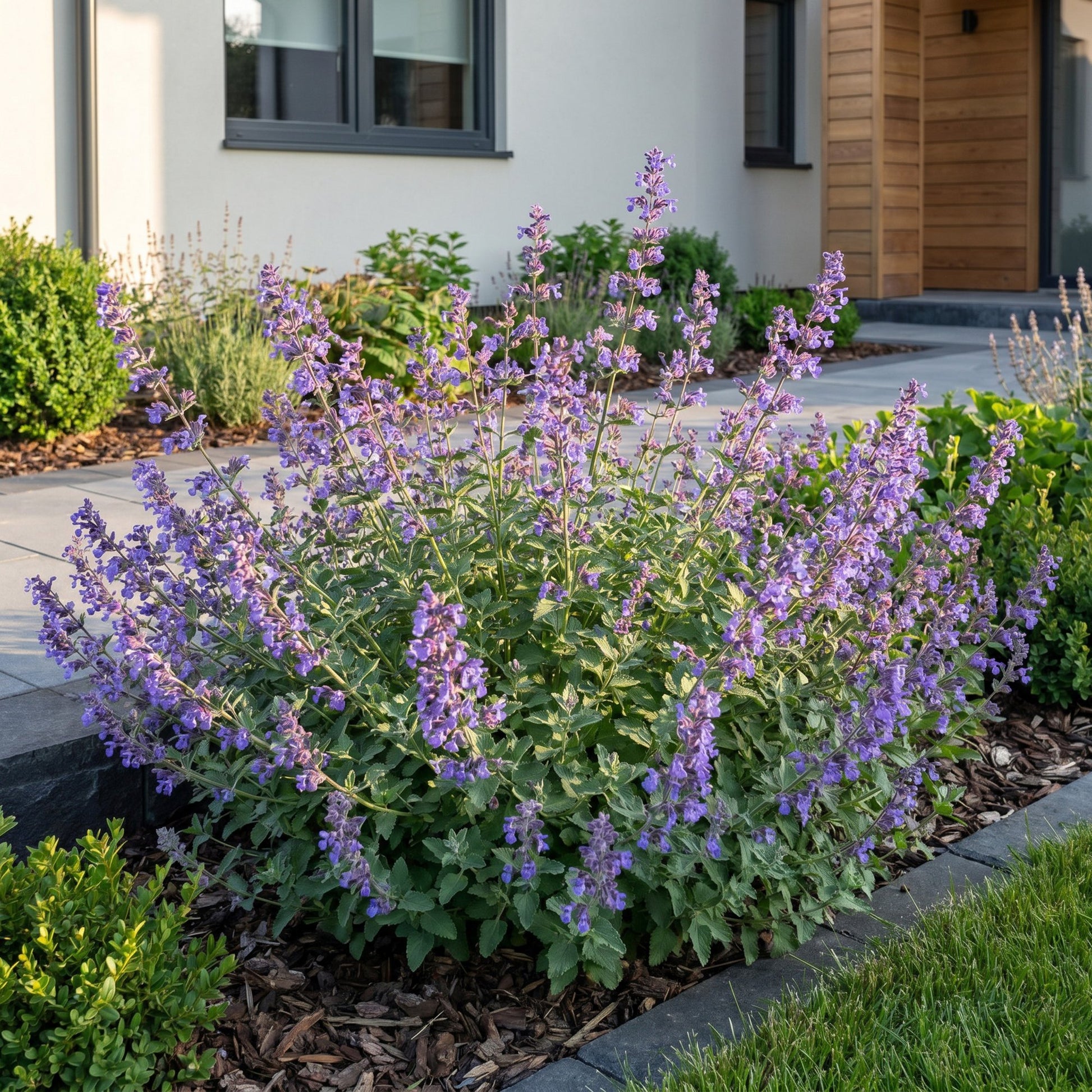 Nepeta faassenii 'Six Hills Giant' en pleine floraison avec ses fleurs lavande, s'épanouissant dans une allée de jardin moderne.