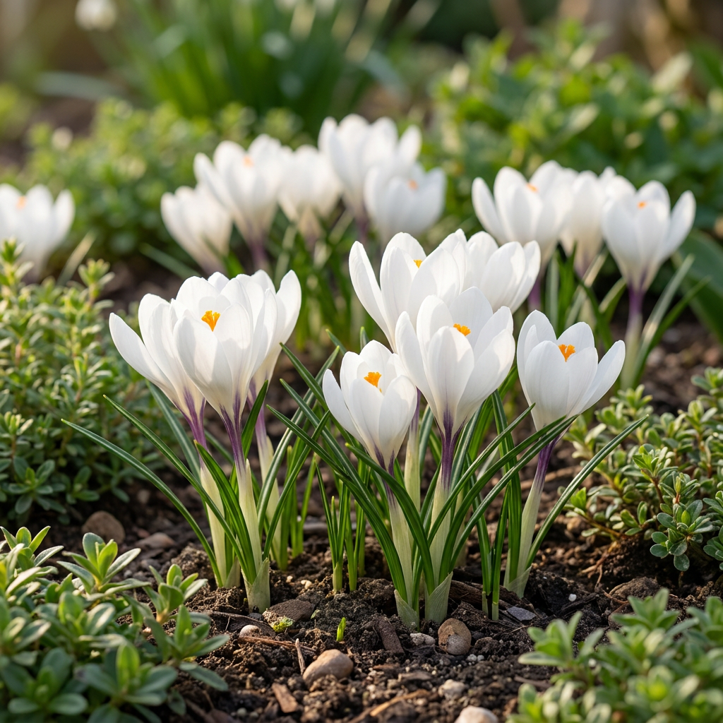 Massif de crocus blancs aux cœurs jaunes, fraîchement éclos dans un jardin au printemps.