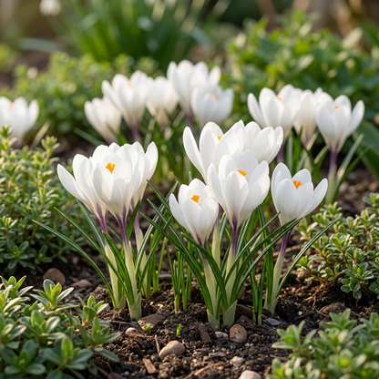 Massif de crocus blancs aux cœurs jaunes, fraîchement éclos dans un jardin au printemps.