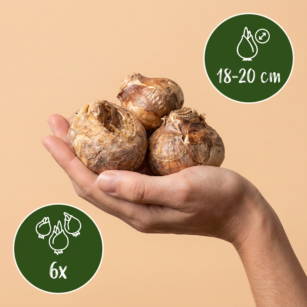 Bulbes de Fritillaire impériale en mélange tenus dans une main, calibre 18-20 cm, lot de 6 bulbes.
