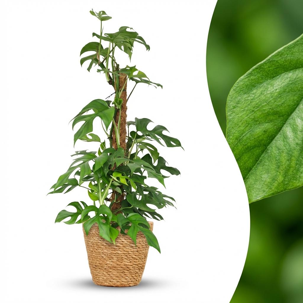 Plante d'intérieur - Mini Monstera - Monstera Minima sur Tuteur Mousse - Vert - Entretien facile - 1 Plante - avec Panier - Pot 19cm - Hauteur 90cm