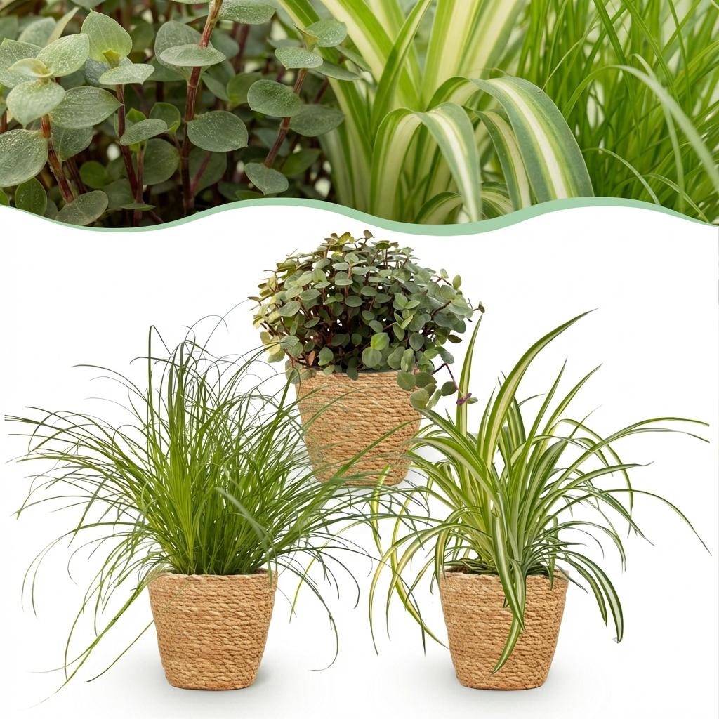 Plante d'intérieur - Cyperus - Calissia - Chlorophytum - Mix de 3 - Plantes Amies des Animaux - Vert - 3 Plantes - avec Panier - Pot 12cm - Hauteur 20cm