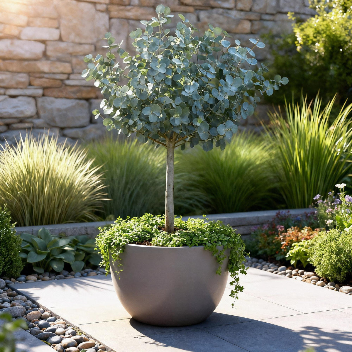 Eucalyptus gunni Azure, plante sur tige avec feuillage gris, dans un grand pot gris, entourée d'autres plantes et d'un mur en pierres, en ex