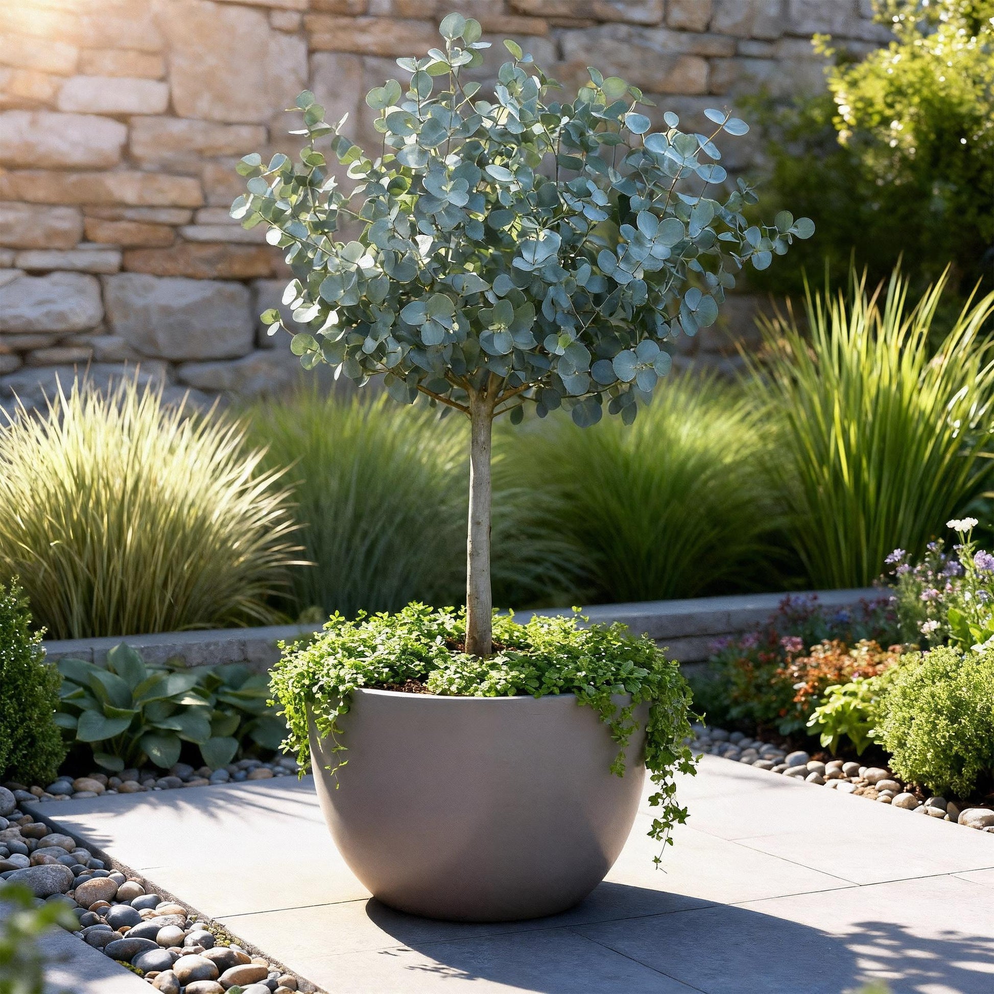 Eucalyptus gunni Azure, plante sur tige avec feuillage gris, dans un grand pot gris, entourée d'autres plantes et d'un mur en pierres, en ex