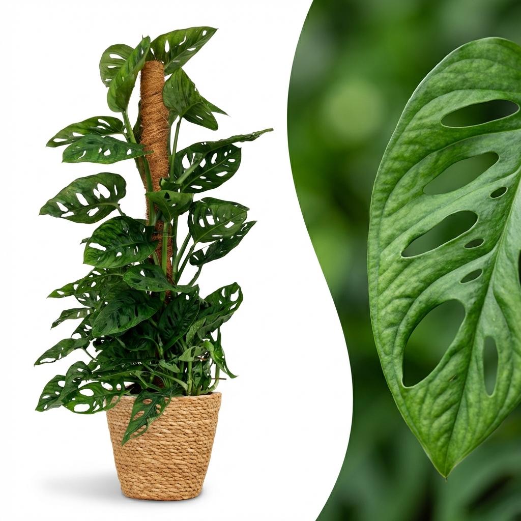 Plante d'intérieur - Monkey Mask - Monstera Adansonii sur tuteur - Vert - Entretien facile - 1 Plante - avec Panier - Pot 19cm - Hauteur 90cm