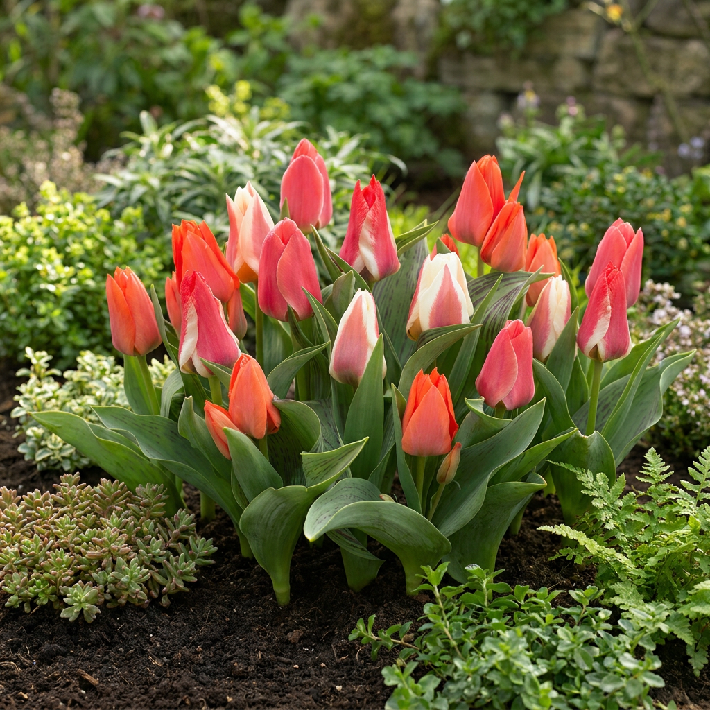 Massif de tulipes Greigii en mélange, avec des fleurs rouges, oranges et blanches, au printemps.