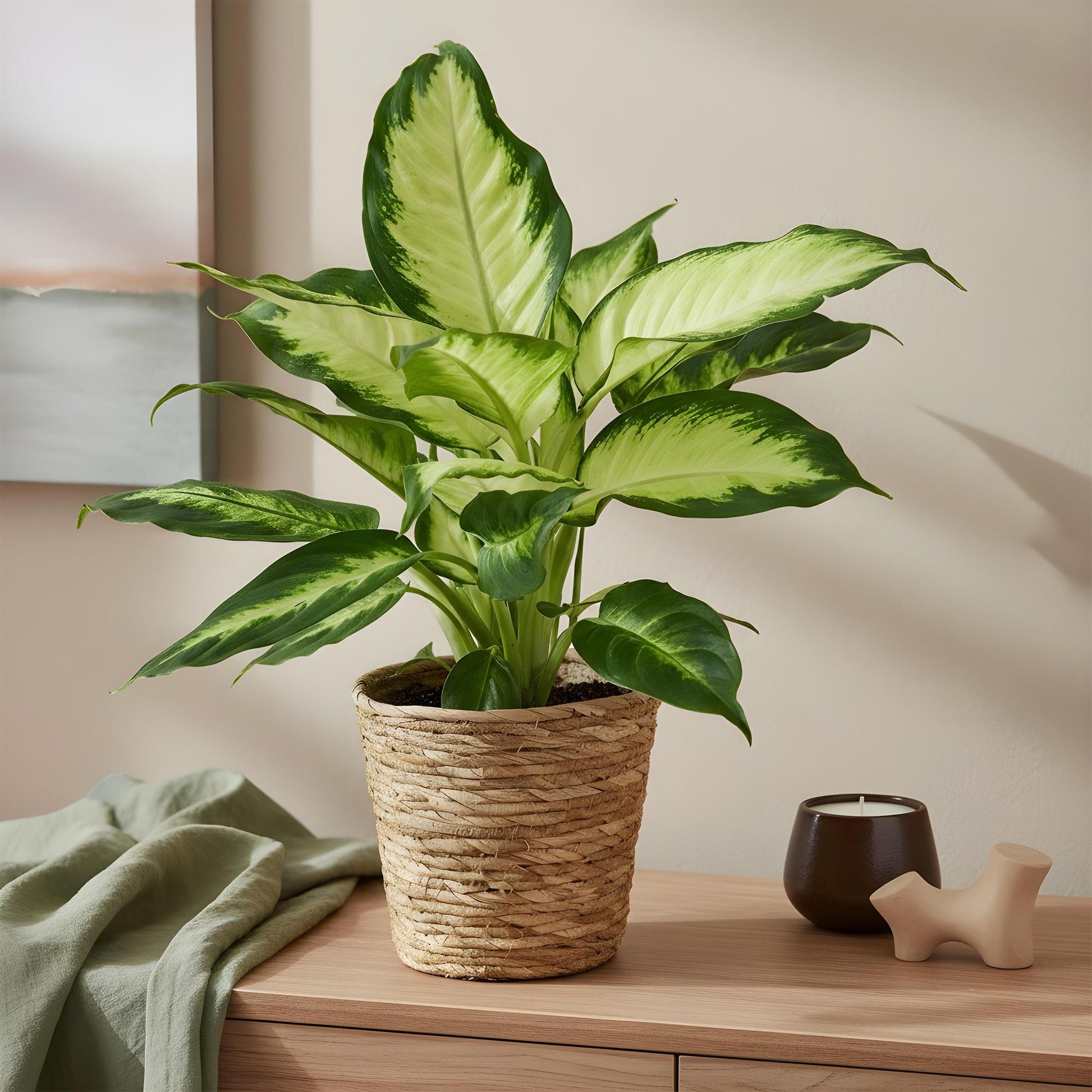 Plantes d'intérieur - Diefenbachia Camilla - Dieffenbachia - Peu d'entretien - avec panier - Bicolore - 1 Plante - Pot 17cm - Hauteur 45-50cm