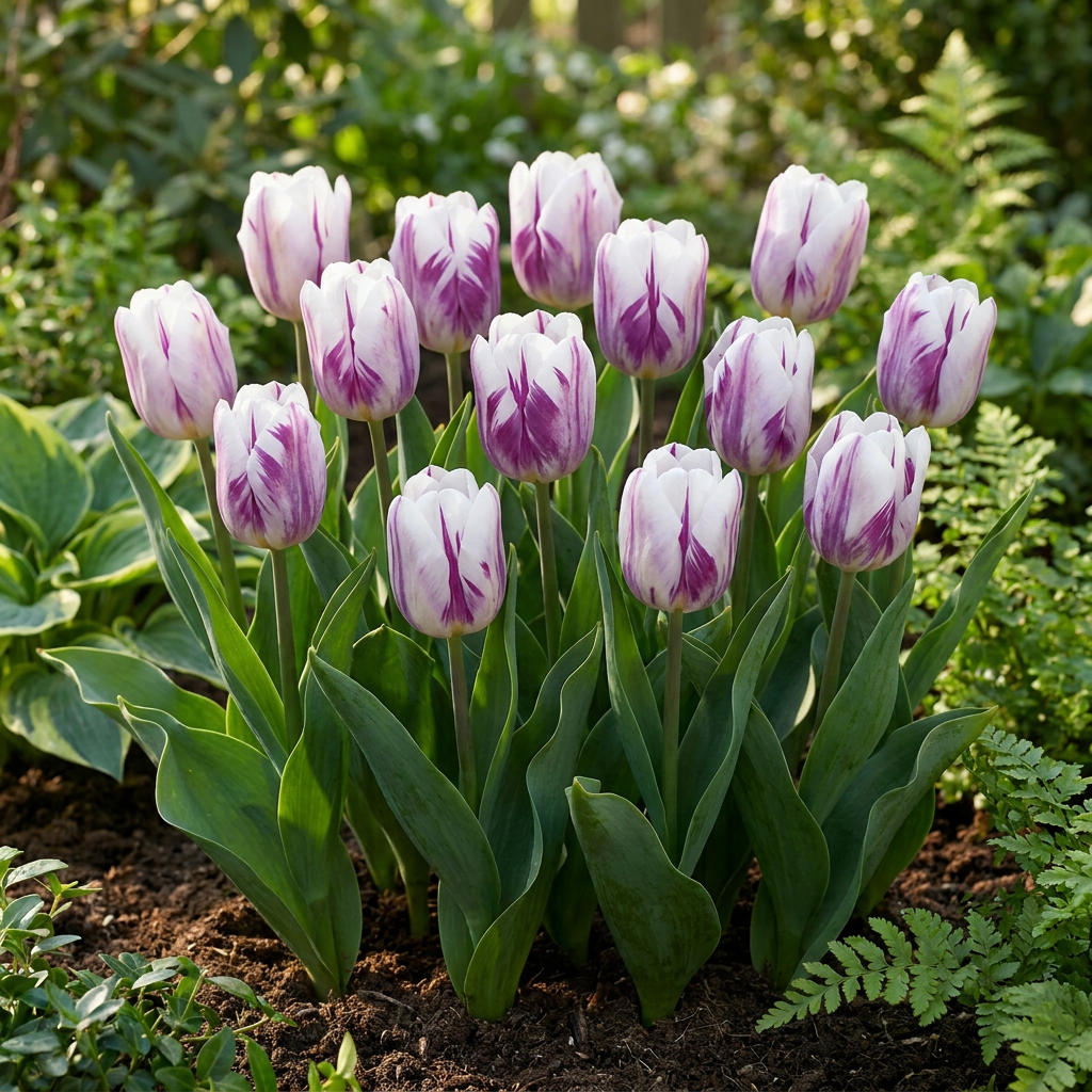 Massif de tulipes 'Flaming Flag' blanches striées de violet en pleine floraison dans un jardin.