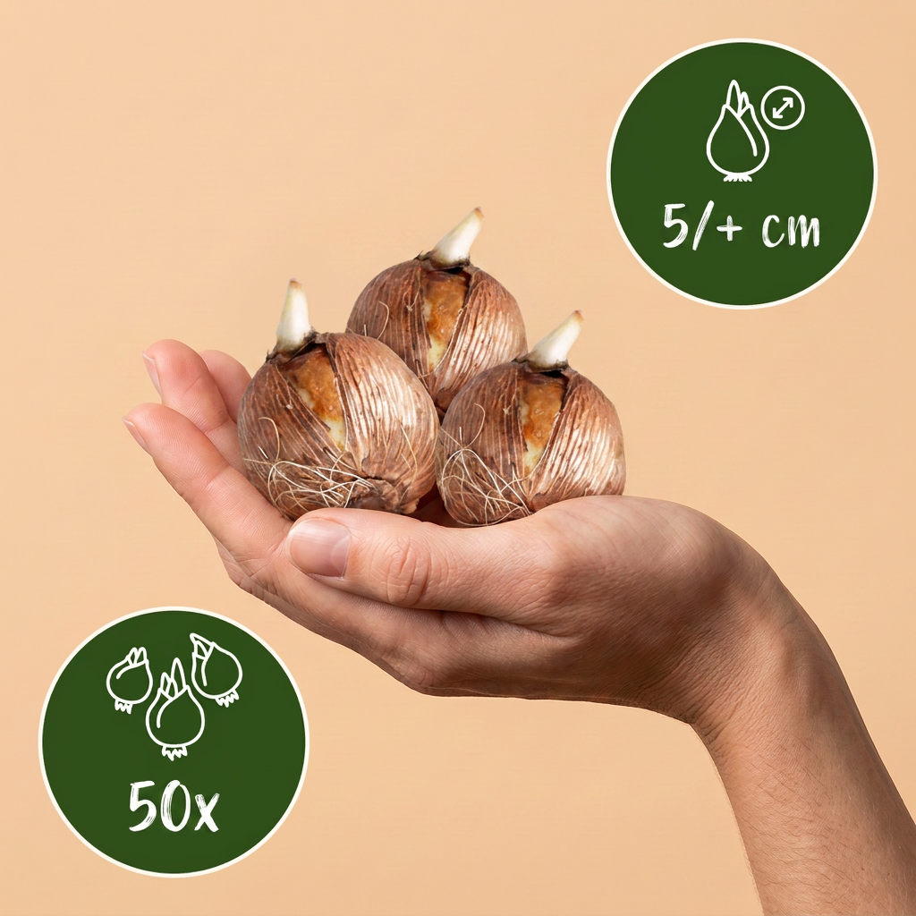 Bulbes de Crocus botaniques en mélange tenus dans une main, calibre 5-6 cm, lot de 50 bulbes.