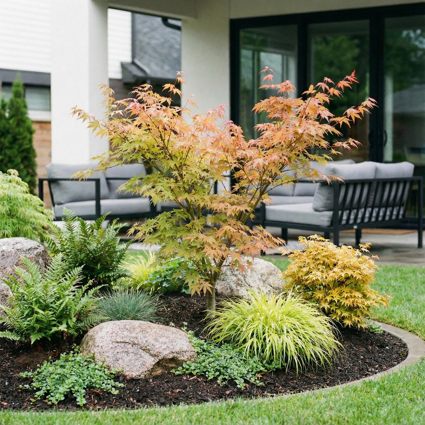 Acer palmatum Katsura. Érable japonais aux feuilles vertes et orangées, planté dans un aménagement paysager avec roches et verdure.