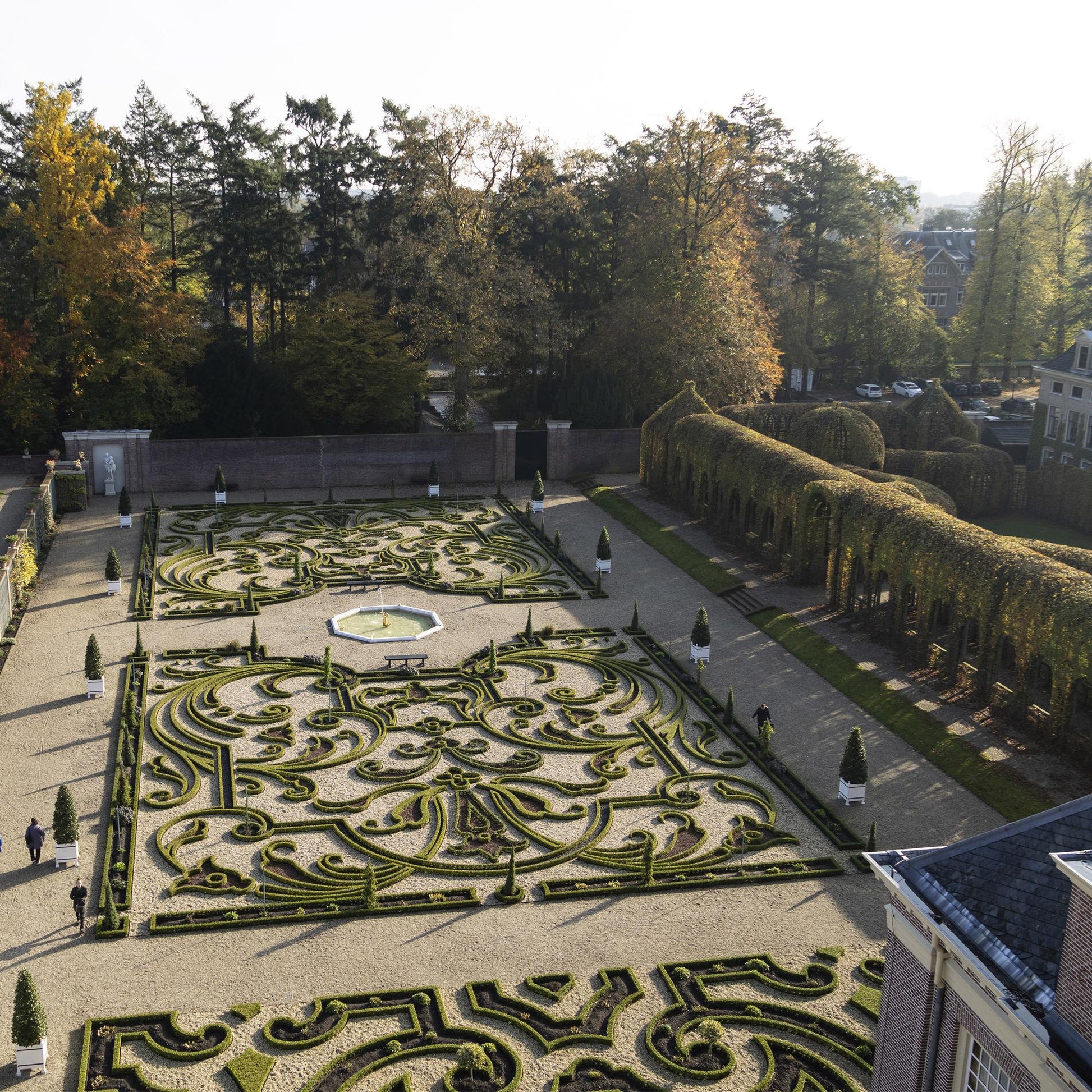 Buxus BetterBuxus Babylon Beauty, vue aérienne d'un jardin formel avec des parterres de buis taillés en arabesques et des allées gravillonné