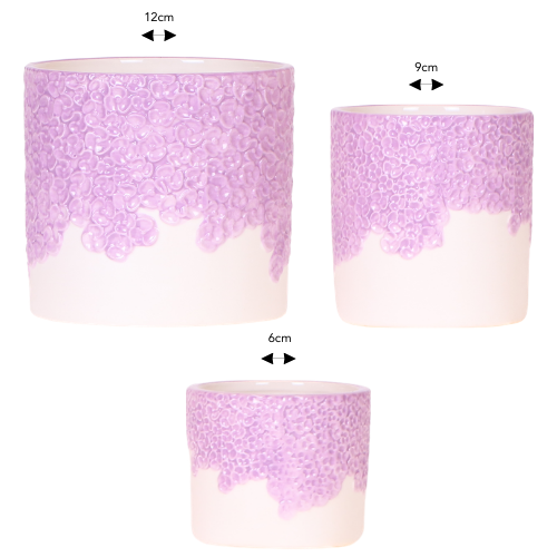 Lot de 3 cache-pots céramique en relief floral - violet (6, 9 et 12 cm)